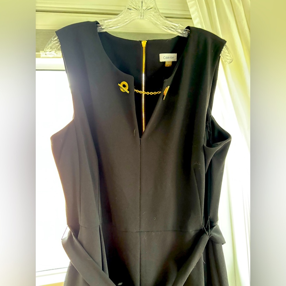 Calvin Klein Formal Jumpsuit Size 16 Black with Gold Chain Accent and Zipper